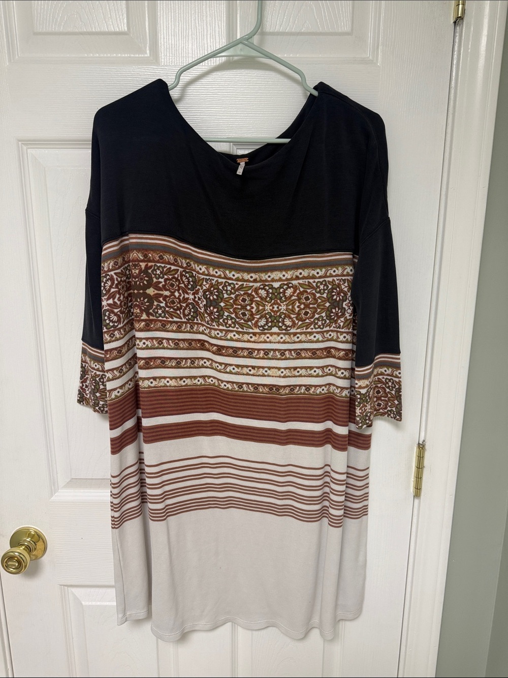 Free People Black, Brown & Cream Striped Long Sleeve Dress